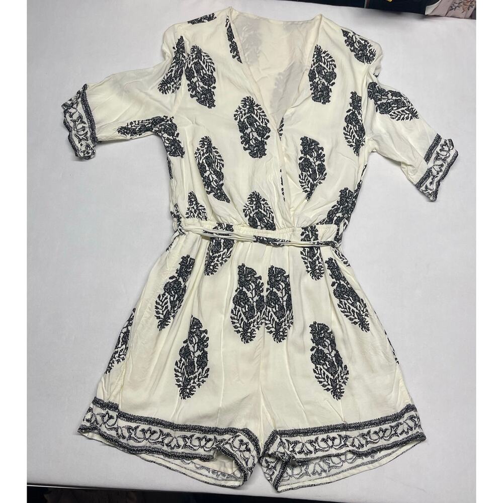 Cupshe Cream Romper with Black Botanical Print